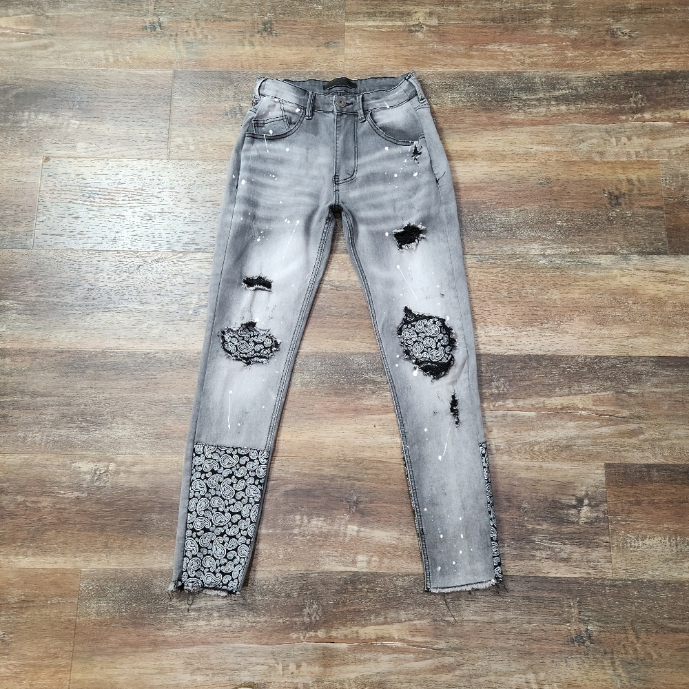 KDNK Destroyed Gray Denim Black Threading Bandana Patch Accent Design